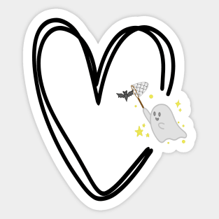 cute ghost catching a bat in a black heart Sticker